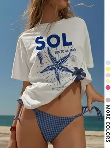 Women's Starfish & Sea Horse Print Round Neck Tee, Casual Loose Short Sleeve T-shirt for Beach Vacation, Ladies Summer Clothes, Top, Womenswear