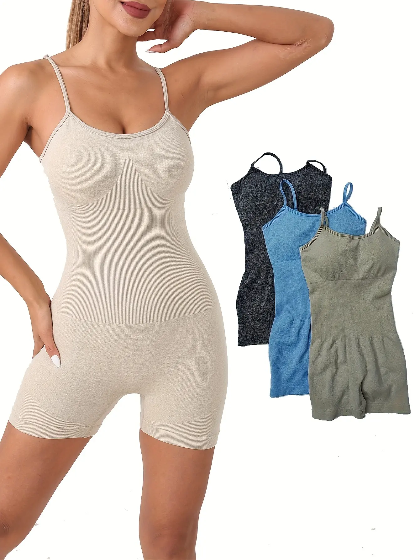 3Pcs Solid Color Sleeveless Yoga Bodysuits, Round Neck High Stretch Yoga Jumpsuits, Women's Activewear Yoga Set Leggings