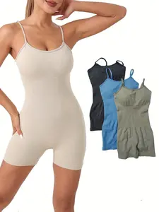 3Pcs Solid Color Sleeveless Yoga Bodysuits, Round Neck High Stretch Yoga Jumpsuits, Women's Activewear Yoga Set Leggings