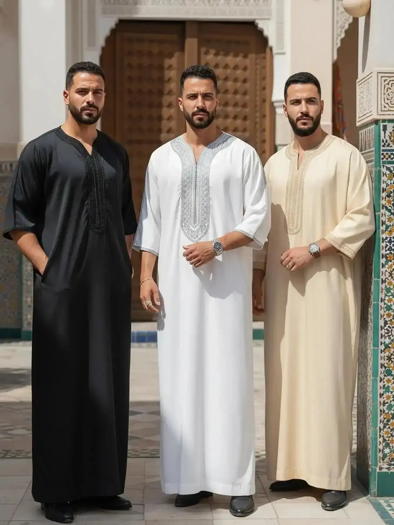 Men's Moroccan Thobe, Embroidered Muslim Kaftan with Pockets, Half Sleeve Islamic Robe for, & Special Occasions Summer Party, SmartCasual, AllDayComfort, RelaxedFit, Lightweight, VersatileWear, BasicStaple