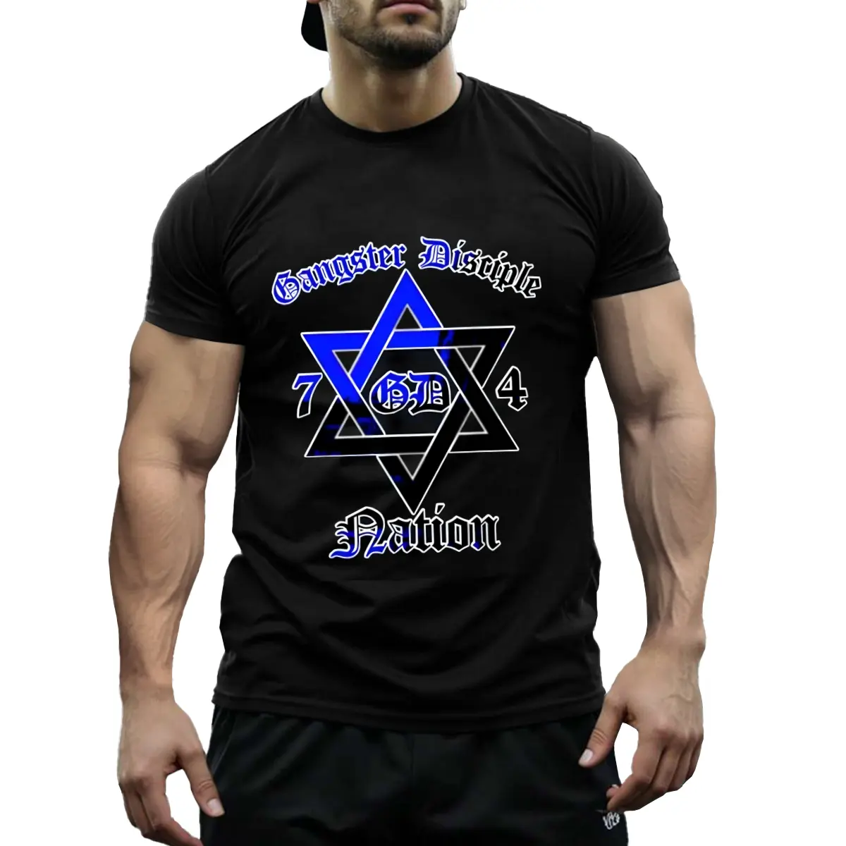 Men's 100% Cotton Shortleeve T-Shirt - Black Crewneck Menswear with Blue Star of David Design, 74 Folks Print, Soft Breathable Casual Streetwear (Gangster Disciple Nation Graphic)