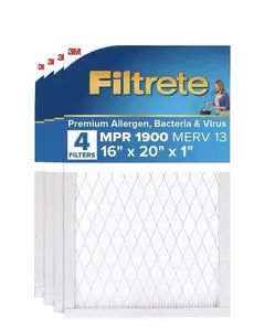 3M Filtrete Pleated Electrostatic Filter, 16x20x1 in, MERV 13, MPR 1900, Allergen Capture, Bacteria & Virus Protection, 4-Pack Value