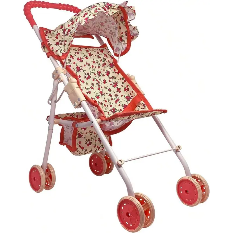 Girl's Umbrella Top Doll Stroller for 3-6 Years Toddlers, Lightweight Compact Foldable Floral Print Pretend Play Toy, Retractable Canopy, Storage Basket, Seatbelt Harness, ABS Components, Baby-Sized Push Toy, Birthday Gift