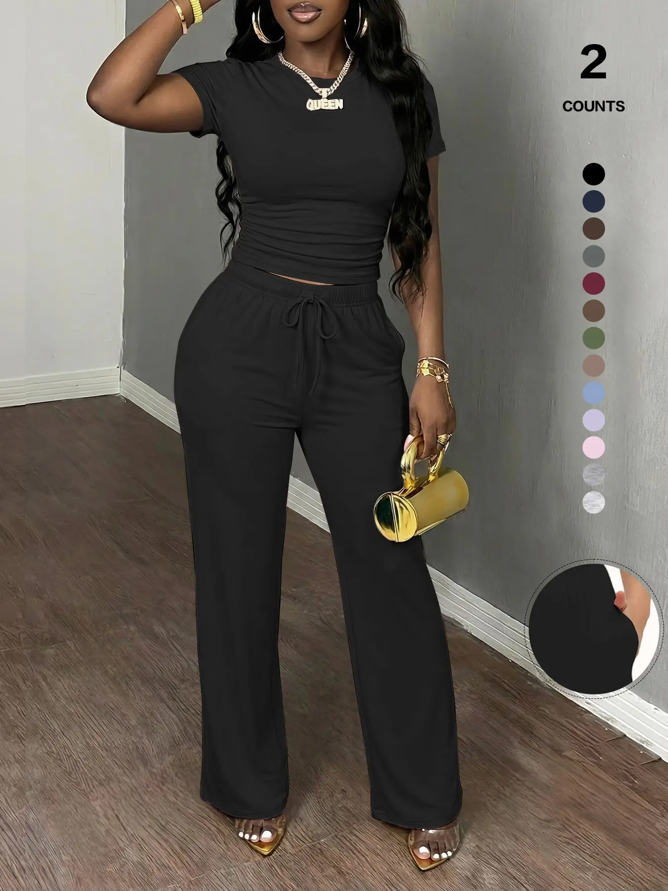 Women's Spring Summer Casual Set, Round Neck Short Sleeve Top & Wide Leg Pants, Slim Fit Home Wear, 2 Piece Comfortable, Casual Fashion Set Women's Spring Summer Casual Set, Round Neck Short Sleeve Top & Wide Leg Pants, Slim Fit Home Wear, 2 Piece Comfortable, Casual Fashion Set