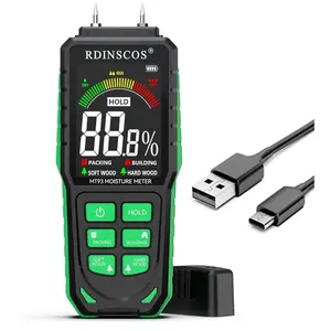 RDINSROS Pinless Moisture Meter for Wood Floor Concrete Digital Tester with 3-Color LCD Display Audible Alarm HOLD Function Eco-Friendly Rechargeable Red Green