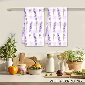 2PC  Light Purple Lavender Sprigs Gingham Swedish Dishcloth, Floral Checkered Reusable Absorbent Cellulose Sponge Wipe, Kitchen Cleaning Cloth