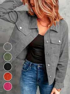 New Women's Loose Fit Button Front Solid Color Corduroy Jacket, Casual Button Shirt Outerwear Coats for Outdoor Commuting
