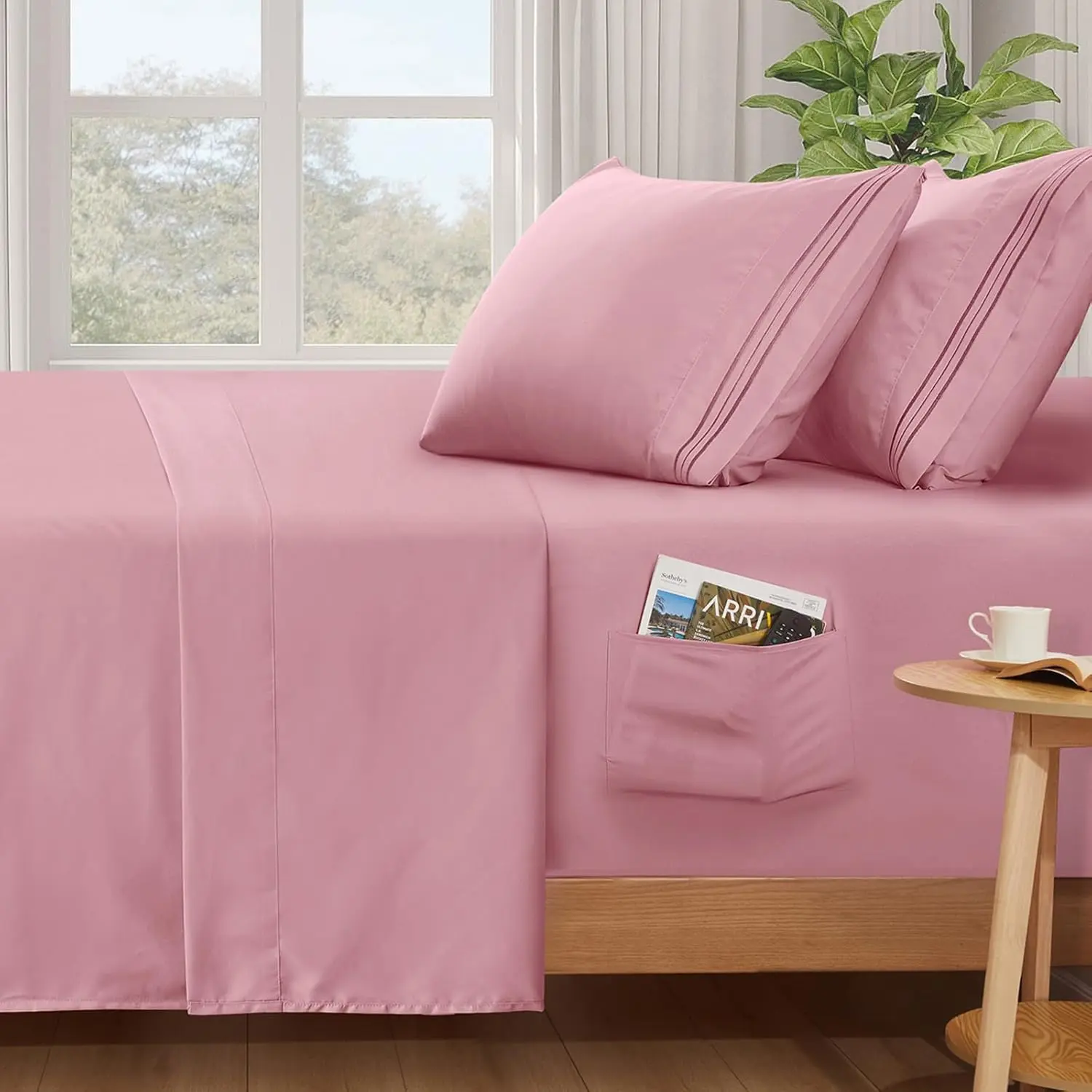 Extra Deep Pocket  Sheets Set - Fits Mattress Up to 24 Inches Thick - 4 count Pink Deep Pocket Sheets for Air Mattress - Soft 1800 Thread Count Fitted Sheet with Side Pocket