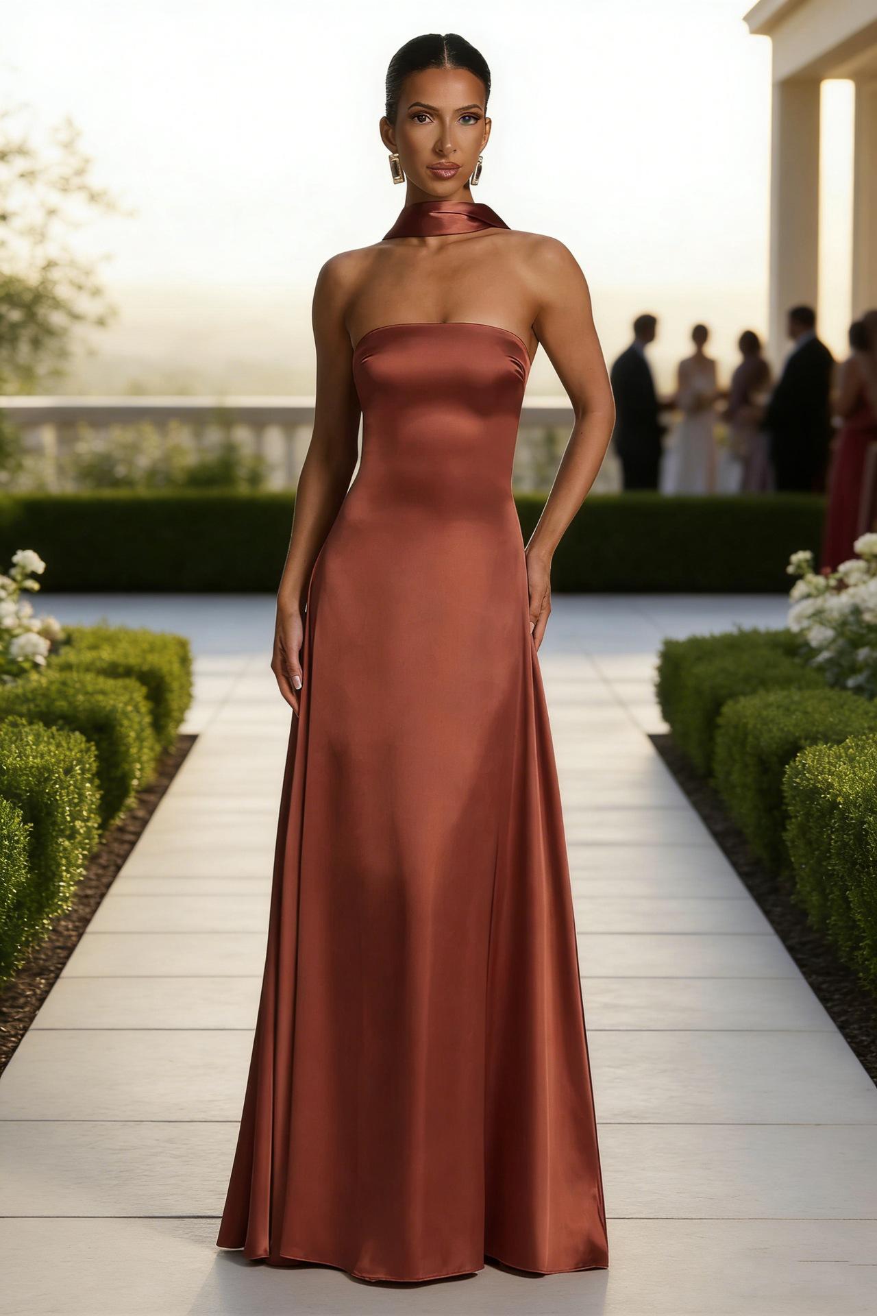 Womens Backless Tube-Top Waist-Cinching Evening Gown Long Dress