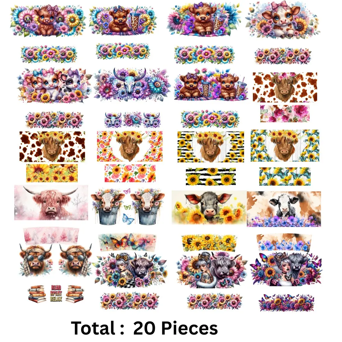 20 Pcs UV DTF Adhesive Keychain Sticker Set, Cow Theme DIY Creative Customizable Transfer Stickers, Animal Scrapbooking Stickers for Crafters, Gifts, Holiday Projects, Versatile Use