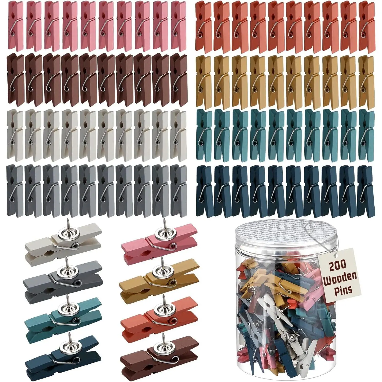 200 count Push Pin with Wooden Clips Tacks Boho Classroom Decor for Cork Board Bulletin Board Colorful Thumb Tacks Wooden Clips for Teachers School Office Home Supplies Accessories