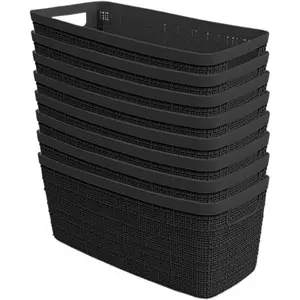 Set of 8 Jute Slim Decorative Plastic Organization and Storage Baskets, Perfect Bins for Home Office, Closet Shelves, Kitchen Pantry and All Bedroom Essentials, Black