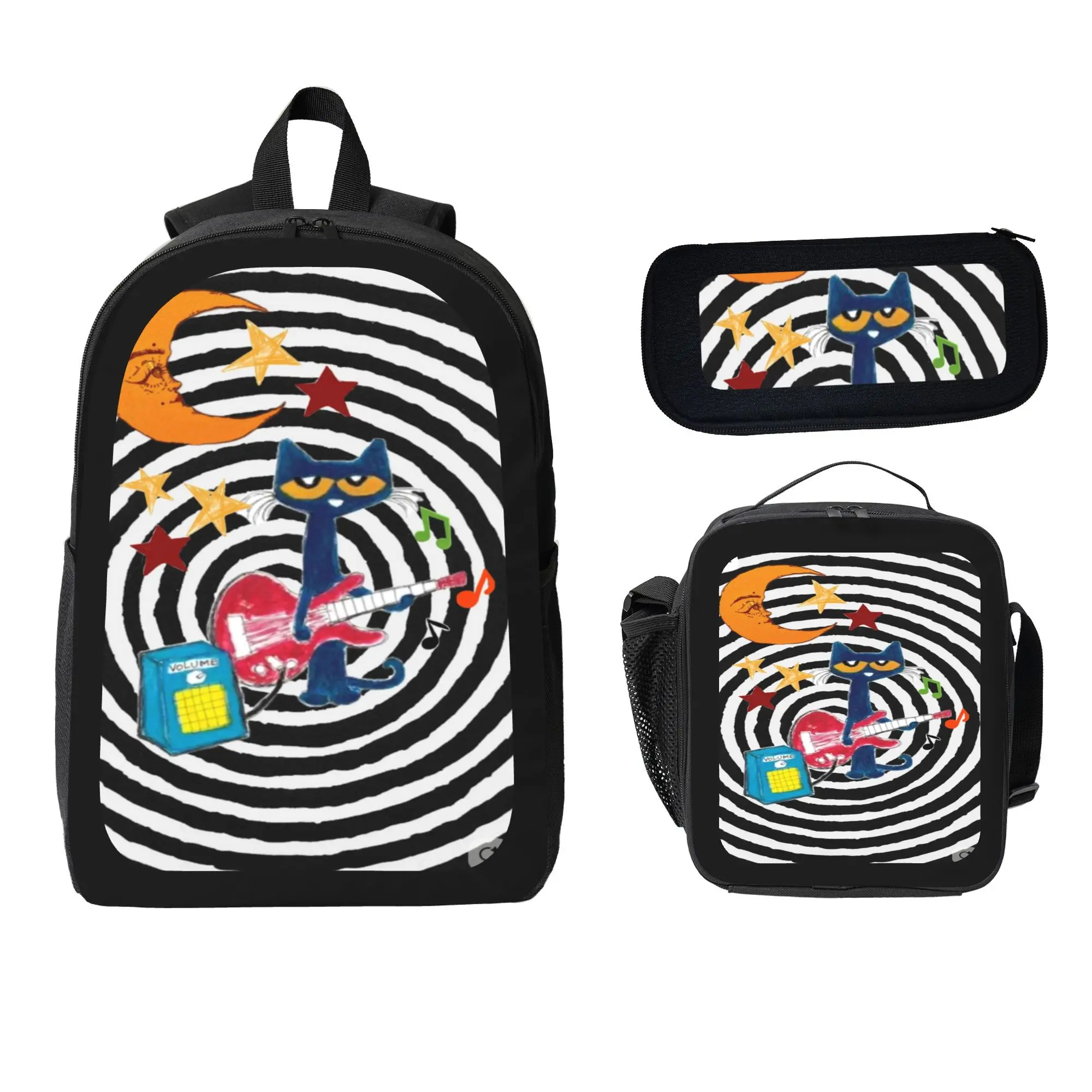 Cartoon cat  School Backpack set- School Bag + Pencil Bag + Thermal Lunch Box - Polyester, Lightweight, Suitable for School, Travel & Outdoor