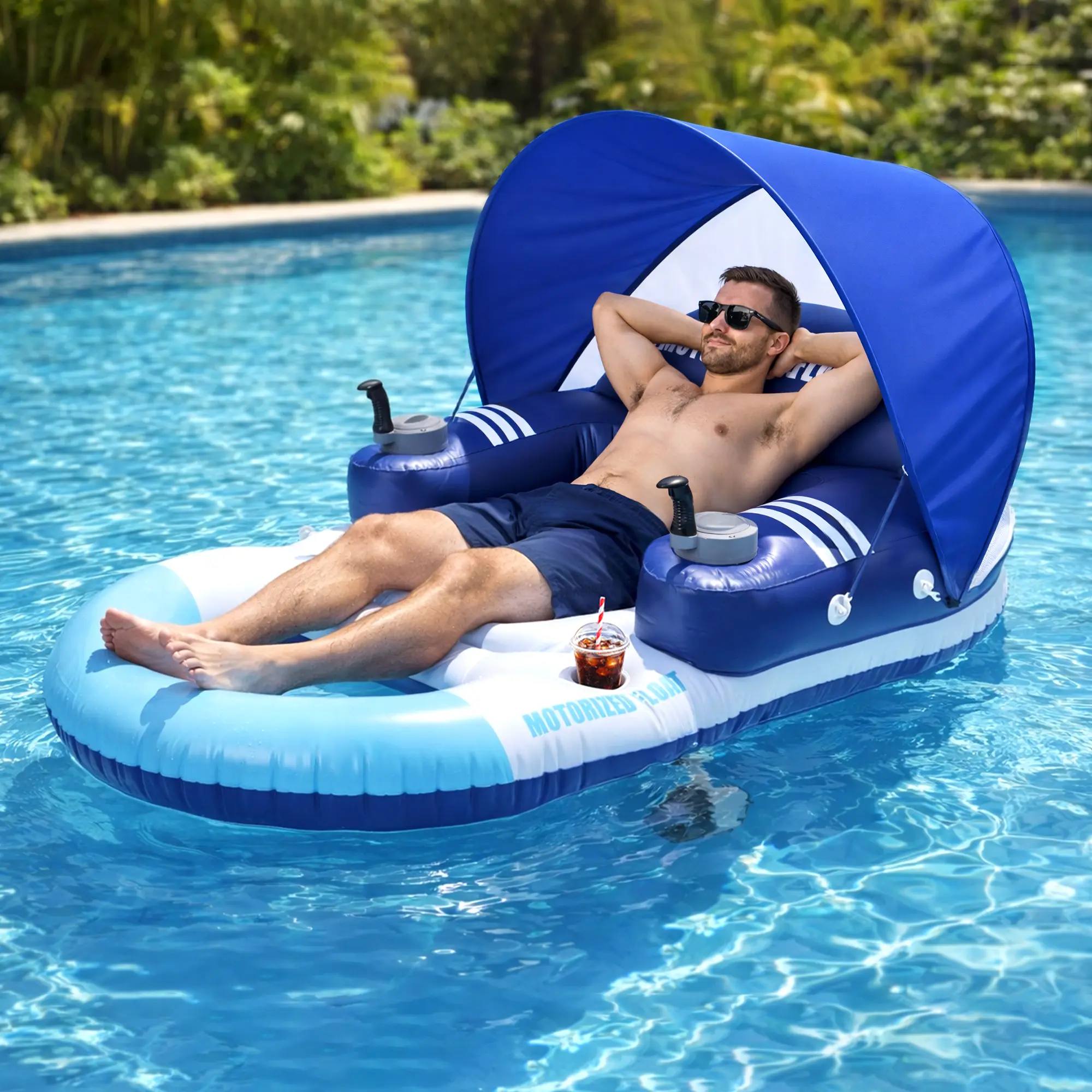 Foxlux Motorized Float - Dual-Motor Heavy-Duty Rechargeable Ride-On Floaty, Portable Pool Floater with Canopy & Cup Holder, Compact Folded Lounger Raft for Adults, Lake Use