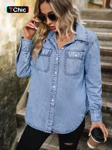 Elegant Spring Autumn Denim Shirt Blouse for Women, Medium Length Long Sleeve Outerwear, Casual Versatile Top, Perfect for Daily Wear