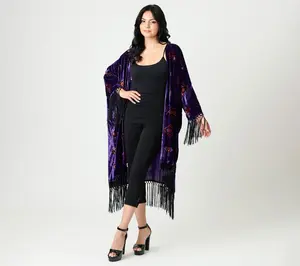 Unique Vintage Purple Evil Eye Burnout Fringe Kimono
