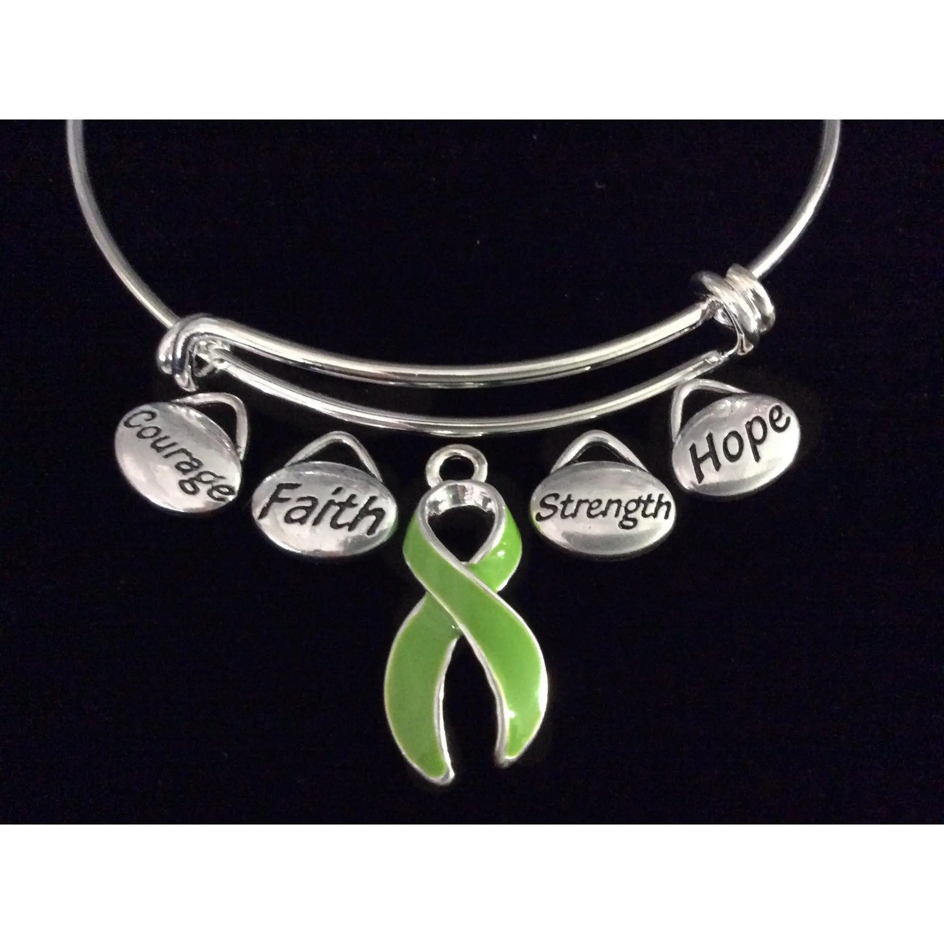 Green Awareness Ribbon Expandable Charm Bracelet Adjustable Bangle Gift Lyme Disease Cerebral Palsy Kidney Cancer