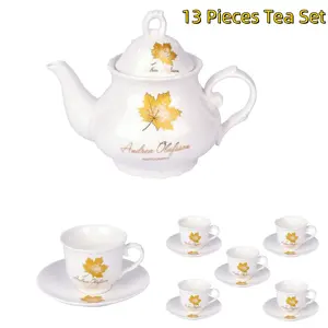 Nw3Lbs Christmas Gift 13 Pieces Porcelain Ceramic Coffee Tea Gift Sets,Porcelain Tea Sets with  1 Teapot, 6 Teacups, 6 Saucers for Adult Tea Coffee Afternoon Party