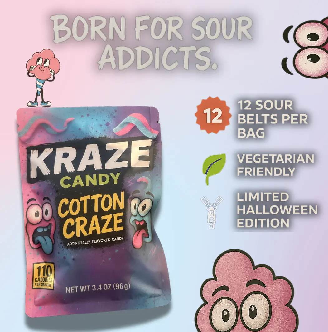 KRAZE Candy Cotton Candy 1-Pack Flavored Sour Belts 12 Twisted Sugar-Coated Strips Vegetarian Chewy Tangy Vegan 3.4 oz