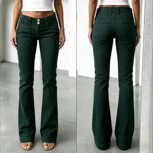 Women's Wide Leg Baggy Jeans Loose Fit Straight Leg DarkGreen Double Button Closure Lightweight Denim GradientColor Slim Fit Bootcut Cat Eye Texture Washed Mid WaistStretchy Bohemian Style
