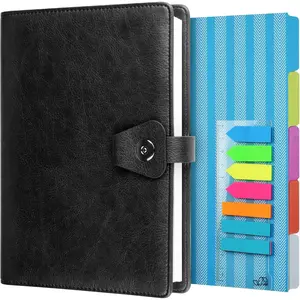 A5 Binder Journal, Refillable 6 Ring Organizer Planner Leather Business Writing Notebook, Ruled Hardcover Diary Notebook with Divider page and Index stickers-Black