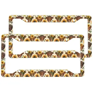 2pcs Highland Cows Sunflowers Greenery License Plate Frame Aluminum License Plate Holder Funny License Plate Decorative with Screws Size 12.2x6.3 Inch Men Women ﻿