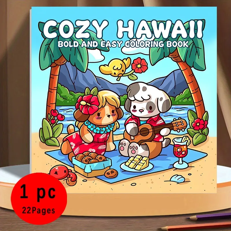 Cozy Hawaii Bold and Easy Art Coloring Book for Adults & Kids, 22 Cute Kawaii Summer Beach Animal Coloring Pages, 120gsm Thick Paper No Bleed Through, Odorless, Easy to Color Stress Relief Coloring Book, Perfect Gift for Hawaii & Summer Lovers
