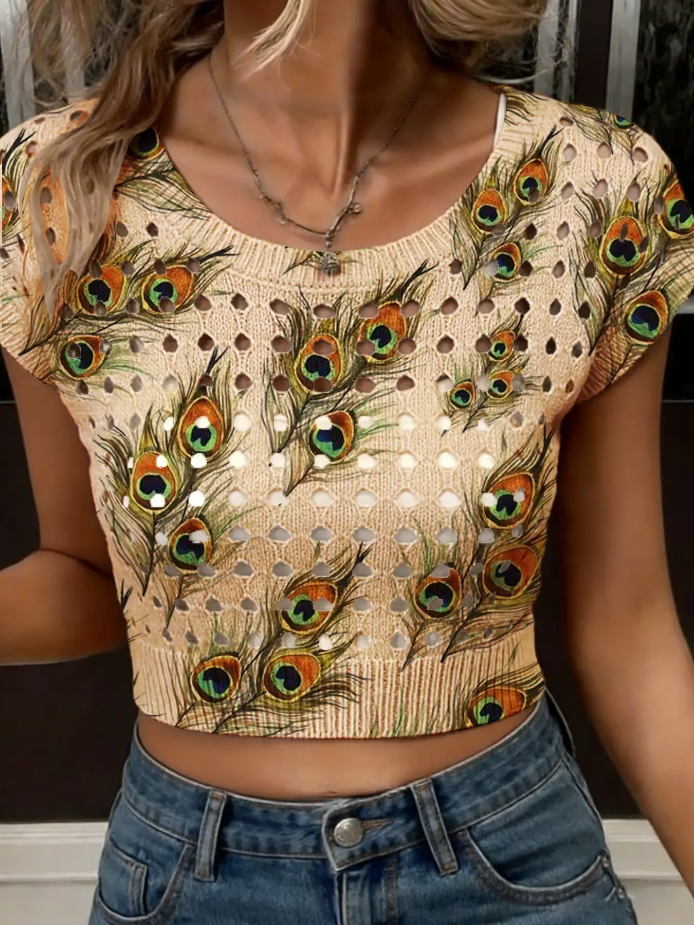 Women's Peacock Feather Print Round Neck Short Sleeve Knit Sweater, Casual Breathable Hollow Out Design, All Seasons Fashion Top