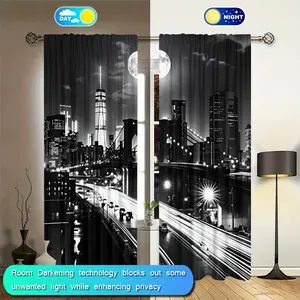 2-Piece City Night Scene Curtains, Semi-Transparent Polyester Fiber, Rod Pocket Design, Perfect for Living Room Bedroom Decor, Home Decoration Curtain