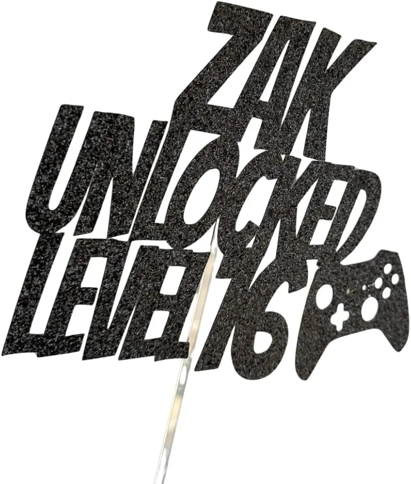 Gamer Birthday Cake Topper – "Name Unlocked Level #" Custom Controller Design – Video Game Party Decoration for Boys, Teens, and Adults, Glitter