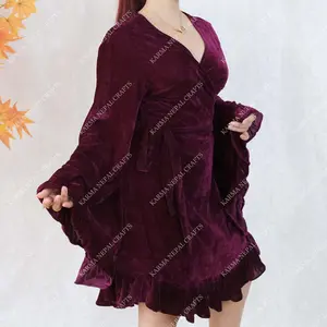 Velvet Wrap Mini Dress with Ruffle Sleeve, Flare Sleeve, Bridesmaid Dress, Boho Style, Whimsical Long Sleeve Fall Winter Dress, Retro Glam, Ruffle Sleeve Dress, Bohemian Vibes, 90s Fashion, Cute Mini Dress, Tie Dress, Witchy Outfits