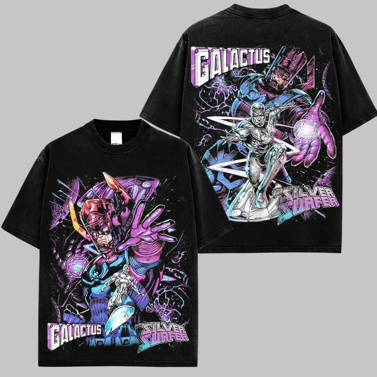Galactus & Silver Surfer T-Shirt, Cosmic Graphic Tee, Planet Devourer Fan Shirt, Space Comic Character Apparel, Retro Superhero Universe Streetwear, Unisex Cotton Graphic Tee JT9