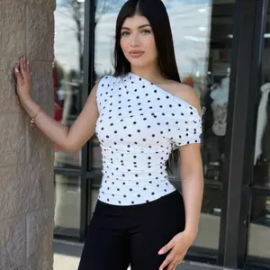 Polka Dot Off-Shoulder Top for Women White with Black Dots Short Sleeve Casual Style Perfect for Daily Wear Shirts Womenswear