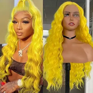 Lemon Yellow Synthetic Lace Front Wig Long Deep Wave Synthetic Wigs 13x4 HD Lace Front Wig with Baby Hair Loose Wave Synthetic Hair Wigs for Daily Use Heat Resistant Cosplay Lace Wigs 26inch Mother's Day Gift