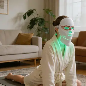 White Gold LED Red Light Therapy Mask for Facial & Neck Care, USB-C Rechargeable Infrared Device for Home & Travel Use