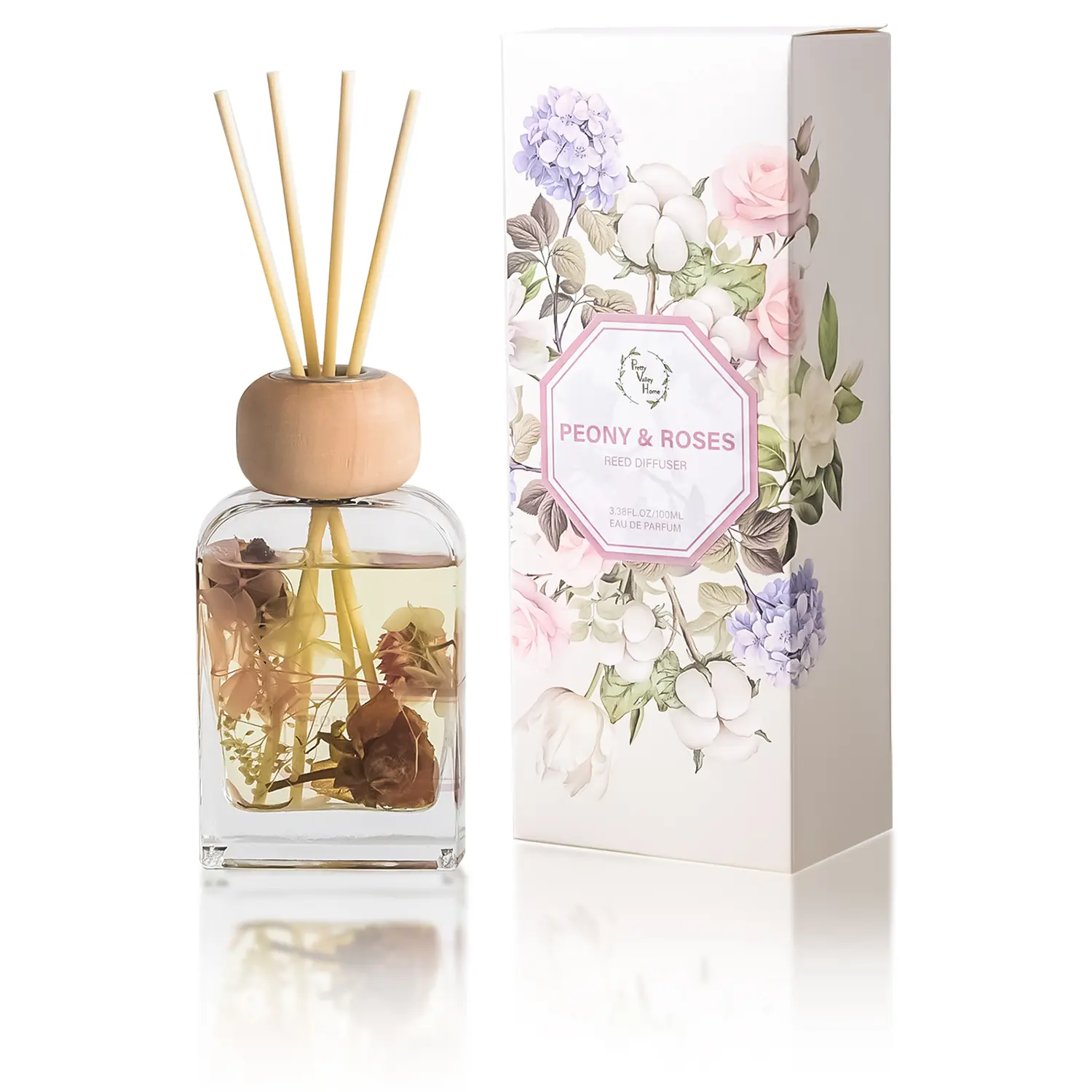 Pretty Valley Home-Peony & Roses Reed Diffuser - Elegant Home Fragrance Gift Set (3.4 fl oz) - Decorative Glass Bottle with Sticks for Bathroom Shelf, Living Room & Housewarming Gift