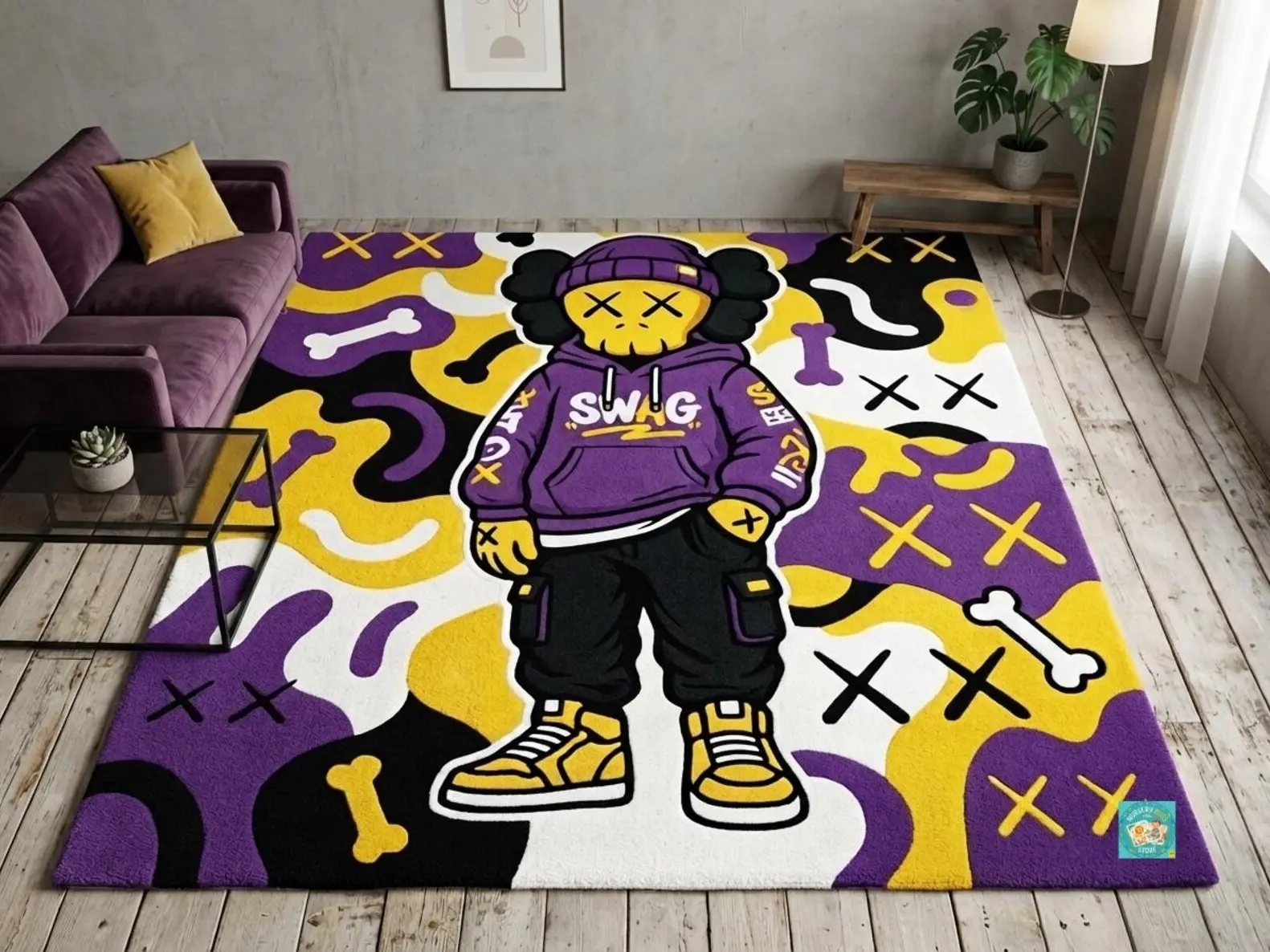 KAWS Inspired Swag Area Rug - Colorful Street Art Design, Luxury Hypebeast Household Textile Decor