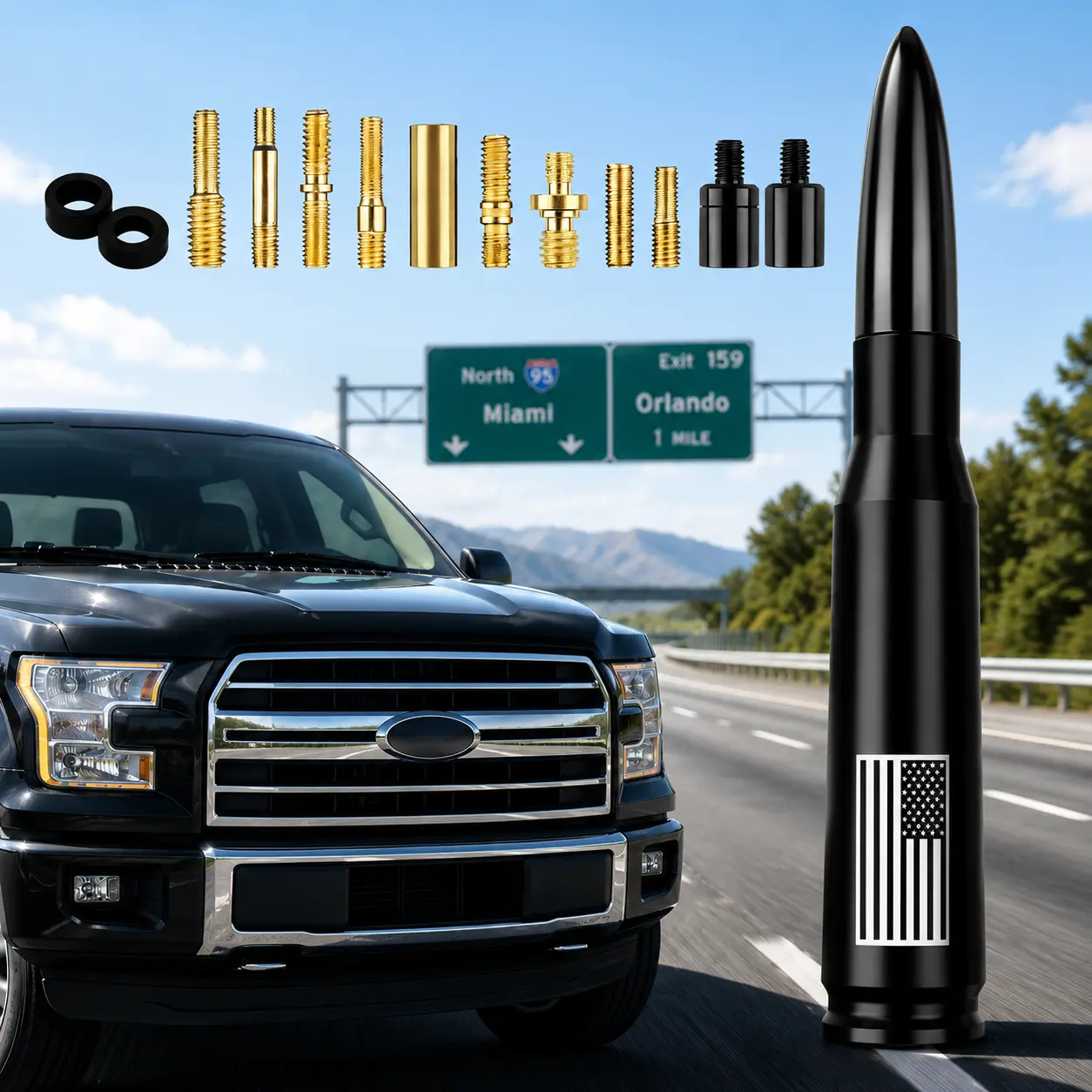 Black Bullet Antenna with American Flag Design Car Truck SUV Exterior Upgrade Replacement Auto Accessory