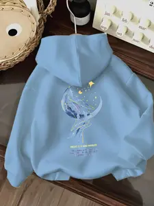 Women's Casual Fashion Hoodie with Dolphin and Moon Print, Kangaroo Pocket, Drawstring, All-Season Wear, Durable Material, Comfortable Fabric