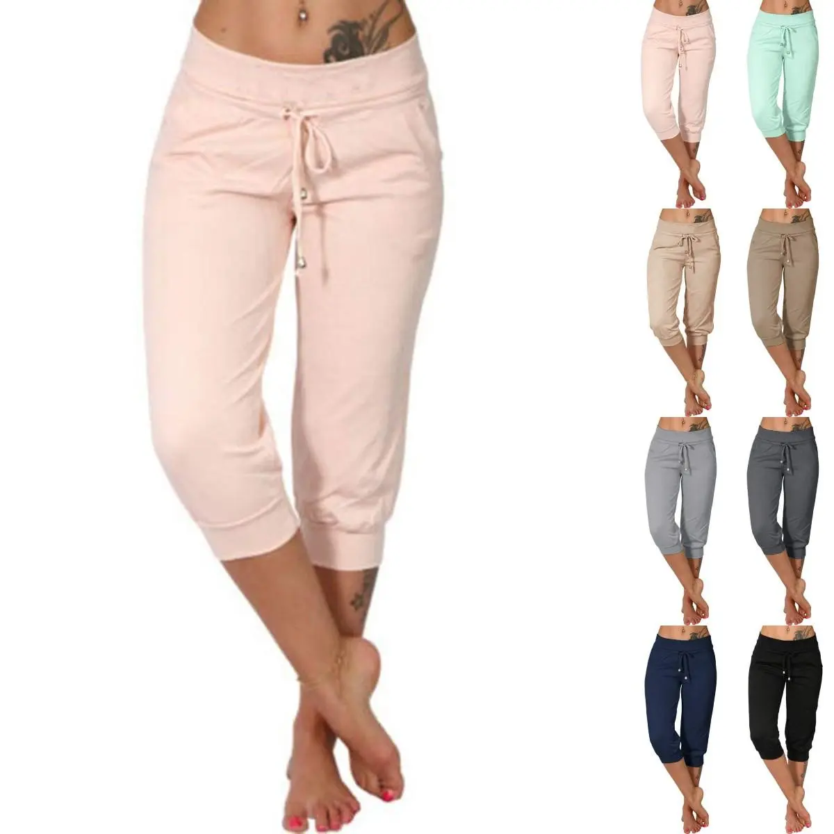 Women's Loose Drawstring Capri Yoga Shorts with Pockets Comfortable Lounge Joggers for Pajama Wear
