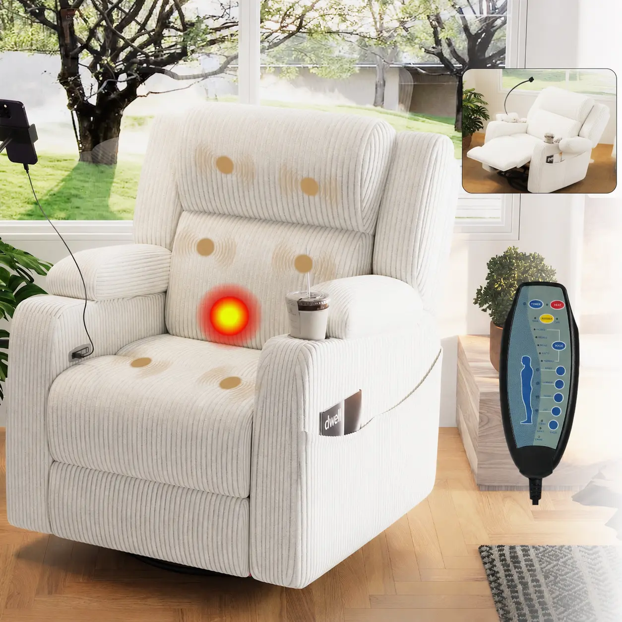 Corduroy Power Recliner with Heat, Massage, 270° Swivel, Rocking, Phone Holder, USB, Hidden Storage, Cup Holder, Side Pockets, Beige