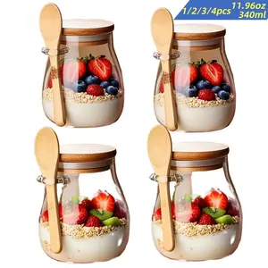 11.96 oz Glass Cups, Overnight Oats Containers, Overnight Oatmeal Cup Set (1/2/3/4 Pieces), Mason Jar Salad Bowls for Food Preparation, Food Preparation Containers with Lids and Spoons, Glass Jars for Chia Seeds, Puddings, Yogurt