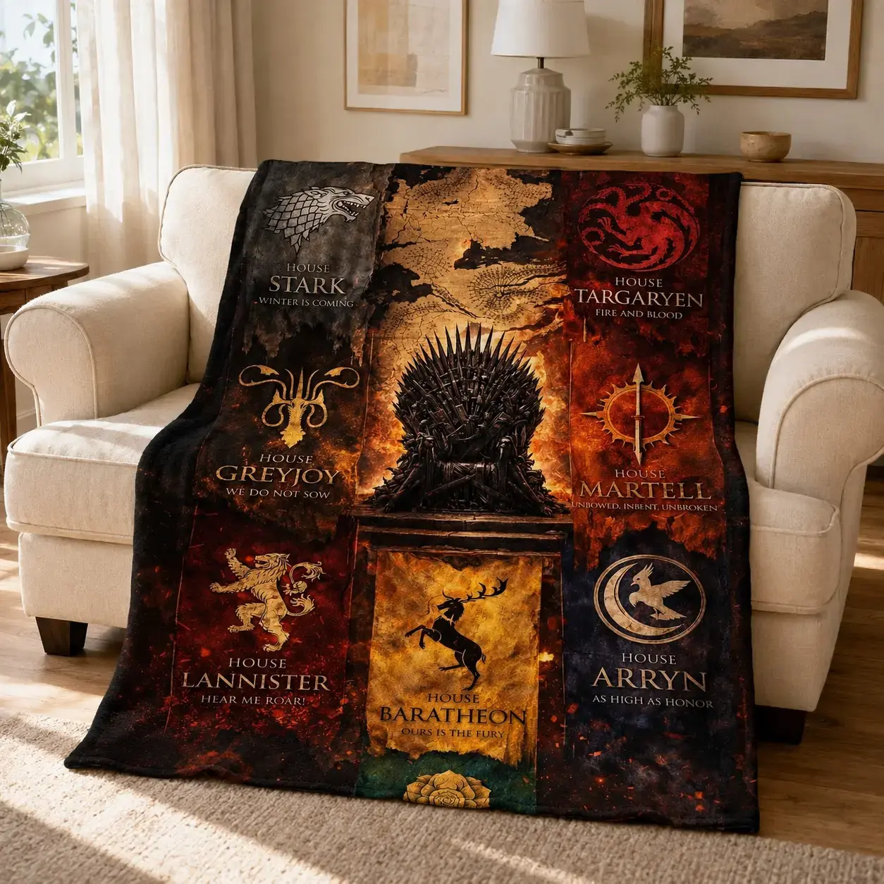 The Game of Thrones throws a blanket, the emblem of the Iron Throne house, soft flannel, the fantasy of Westeros, a sofa bed thrown, a comfortable and durable design, graphics on the blanket