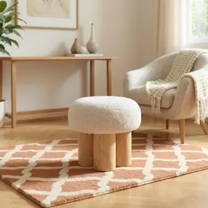 Mono Wooden Curved Ottoman Mushroom Stool with Soft Greige Plush Cushion and Wooden Look Curved Legs for Versatile Seating