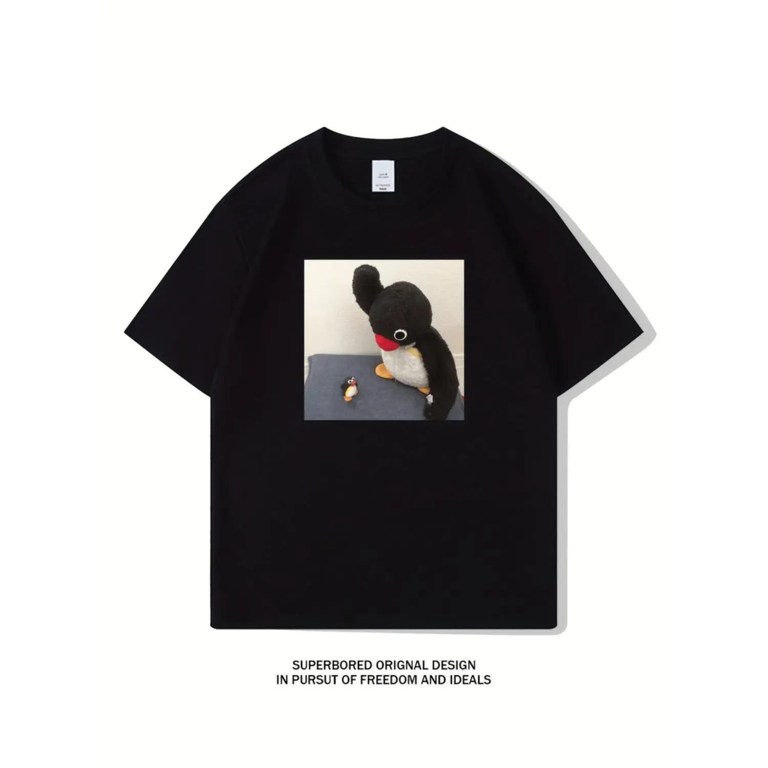 Mens Casual Cotton T-Shirt Featuring Adorable Penguin Graphic Round Neck Short Sleeve Comfortable Summer Fashion Top for Casual Wear Playful Design Glossy Fabric Penguin Embellishment