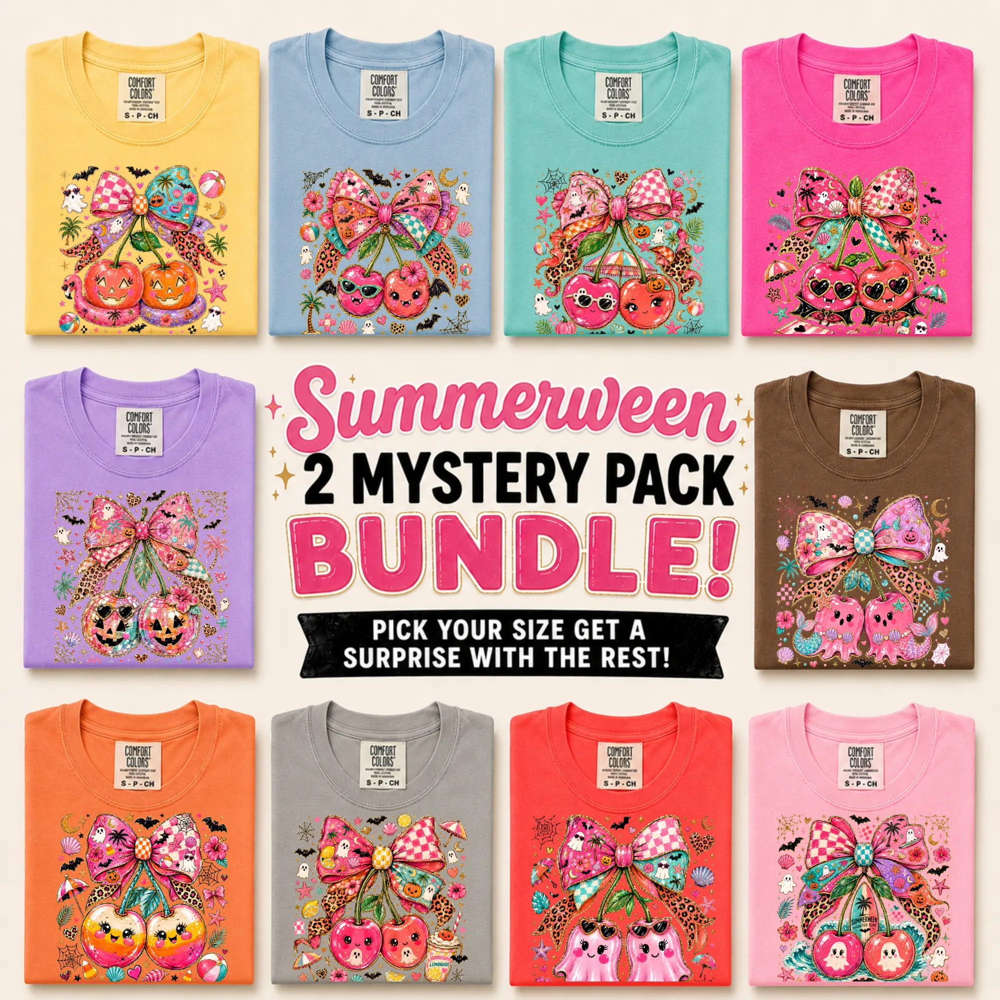Women's Summerween Style Graphic T-Shirt Surprise Pack - 2 Premium Comfort Colors, Unisex Relaxed Short Sleeve, Limited Edition Designs, Mystery, Summerween Style Women's T-Shirts