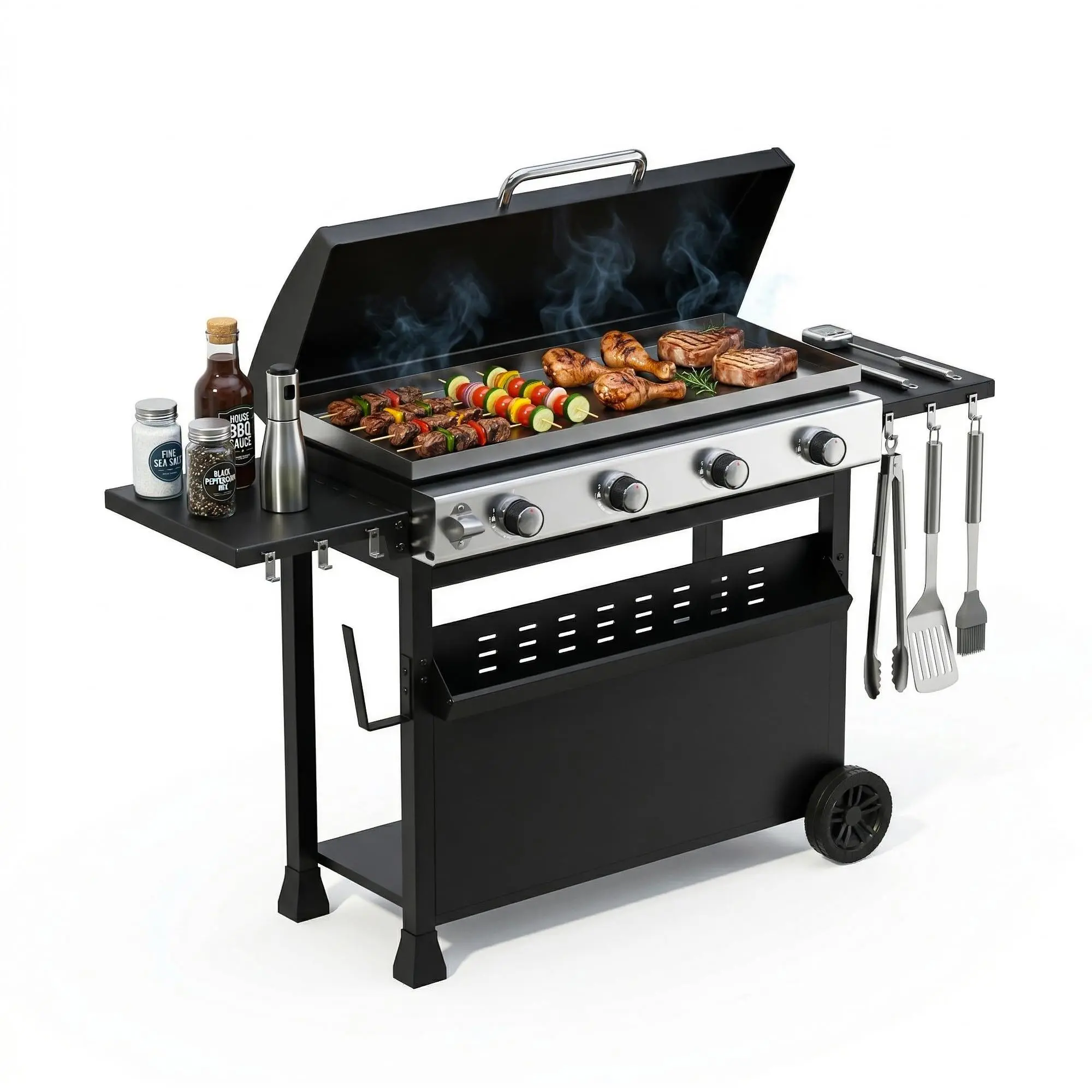 4 Burner Propane Gas Griddle with Cart & Hood, 32,000 BTU Portable Flat Top Grill for Camping