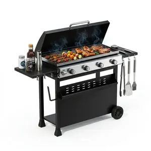 4 Burner Propane Gas Griddle with Cart & Hood, 32,000 BTU Portable Flat Top Grill for Camping