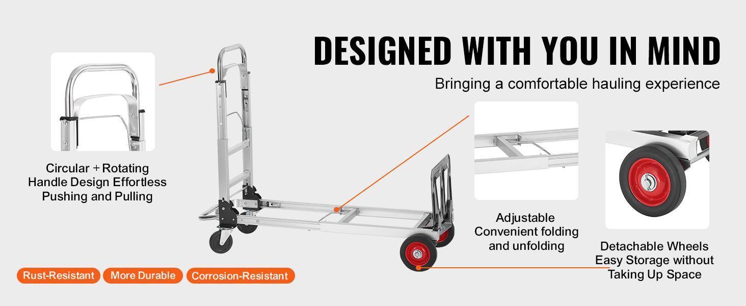 【SummerFinds】VEVOR Aluminum Convertible 2-in-1 Heavy-Duty Multifunction Work Cart, 800 lbs Capacity Collapsible Hand Truck with Rubber Wheels, Multifunction Rolling Carts for Warehouse, Supermarket Use, Mobile Folding Trolley, Rolling Service Cart