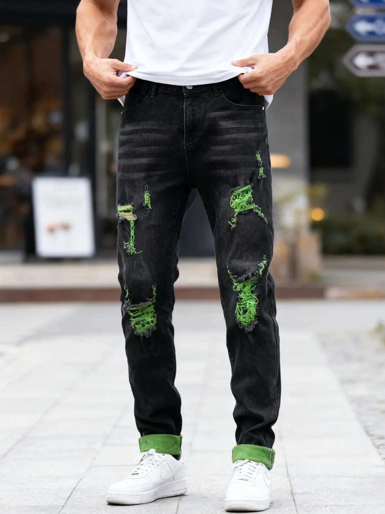Black and Green Slim Jeans for Men - Fashionable Ripped Compression Pants, Comfortable Stretch Denim, Halloween Street Style, Versatile and Easy to Match ugly  jeans comfortable all-day wear